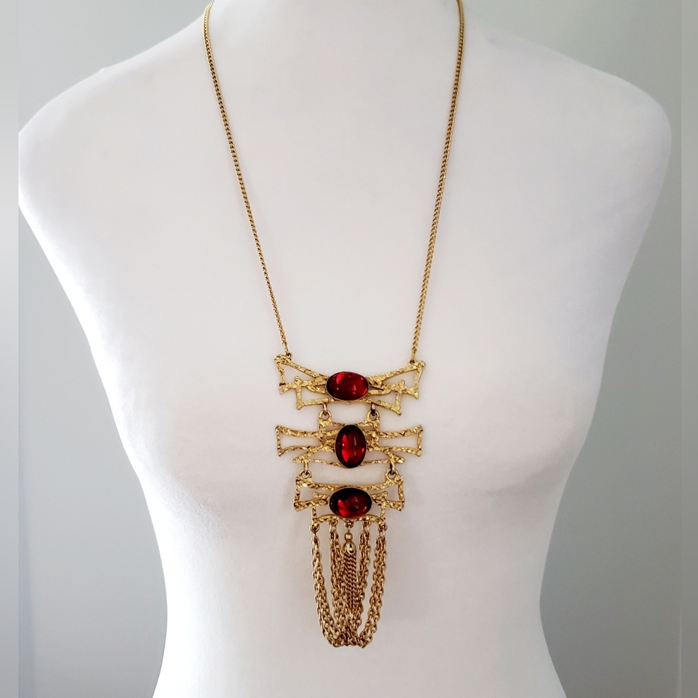 Long Drapey Gold Statement Necklace Triple Red Cabochon Stones & Tassle Accent